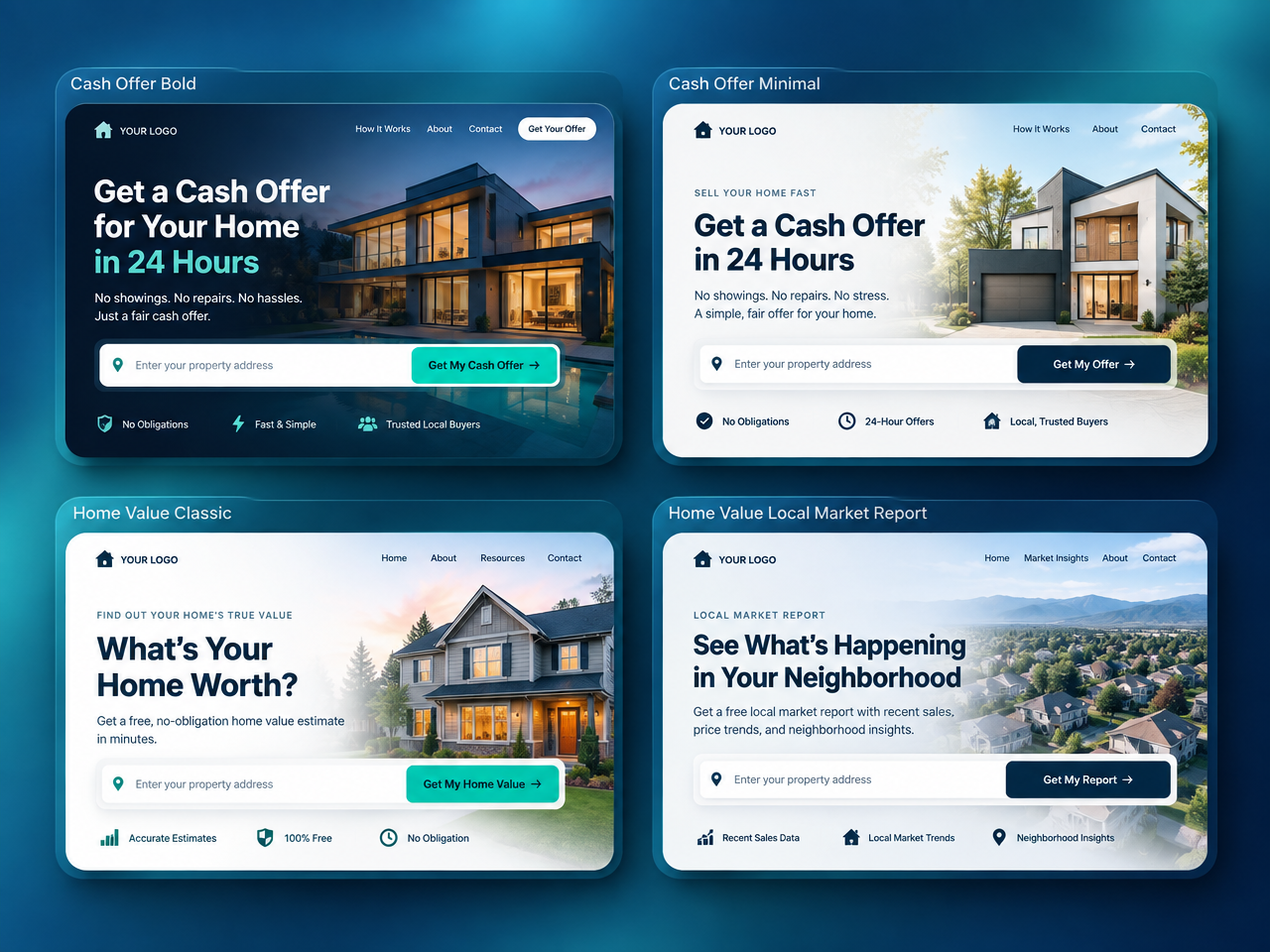 SellerAssist landing page examples for home values, cash offers, selling options and neighborhood reports