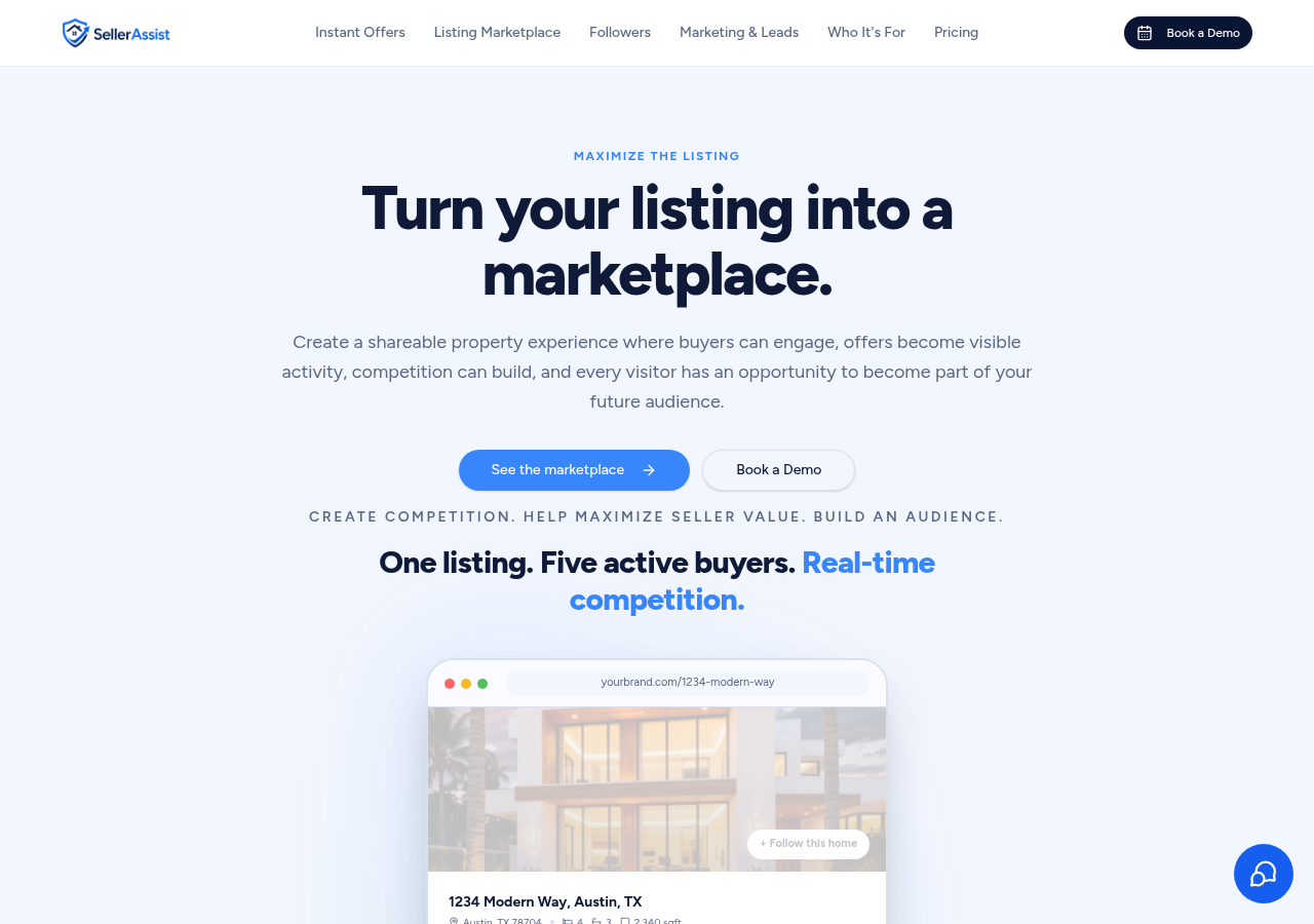 SellerAssist Listing Marketplace property page showing five active buyers competing on one listing